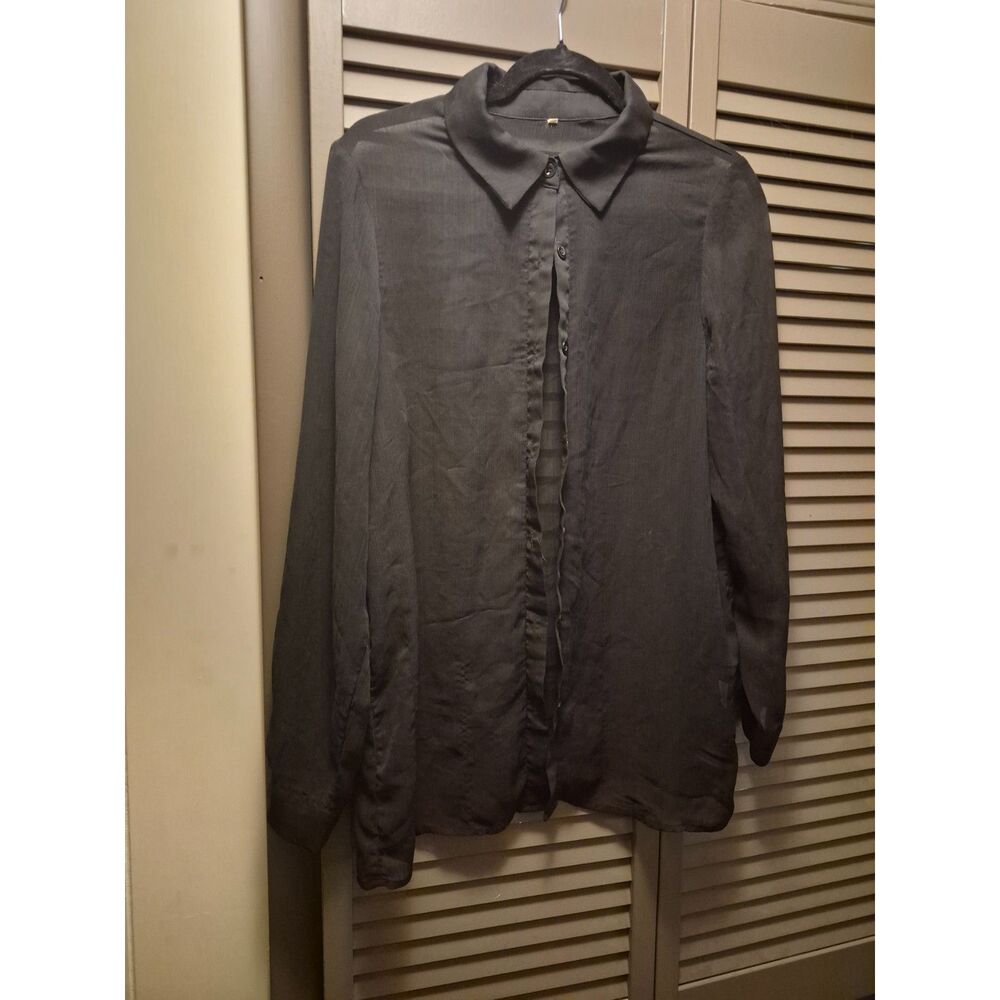 Women's Medium Black Sheer Button Down Blouse Long Sleeve Collared Top